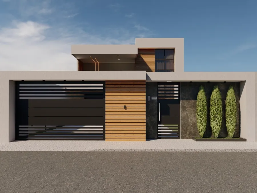 Casa com fachada em painel de madeira e volume superior